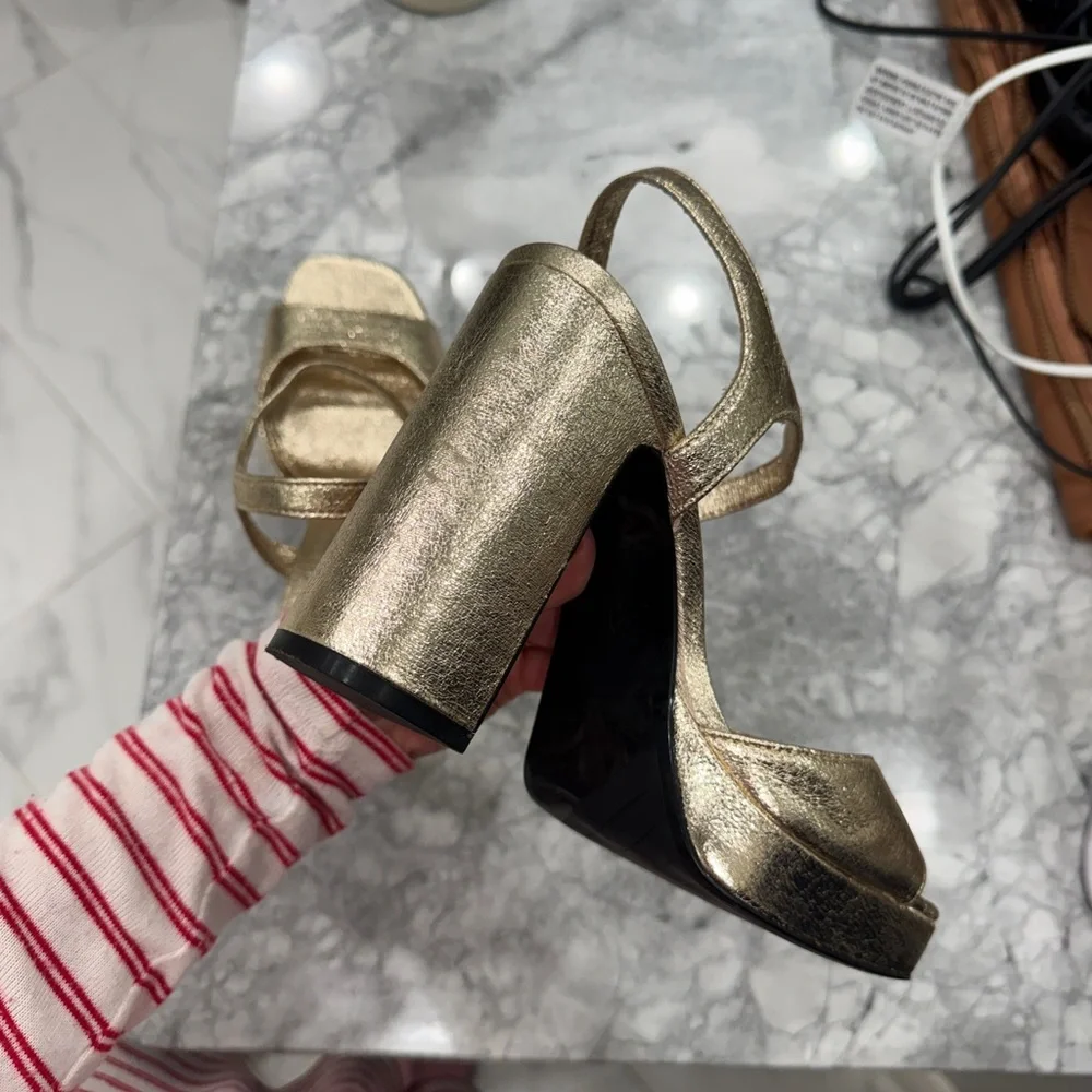 Zara Metallic Gold Block Heel Sandals - Picture 8 of 9